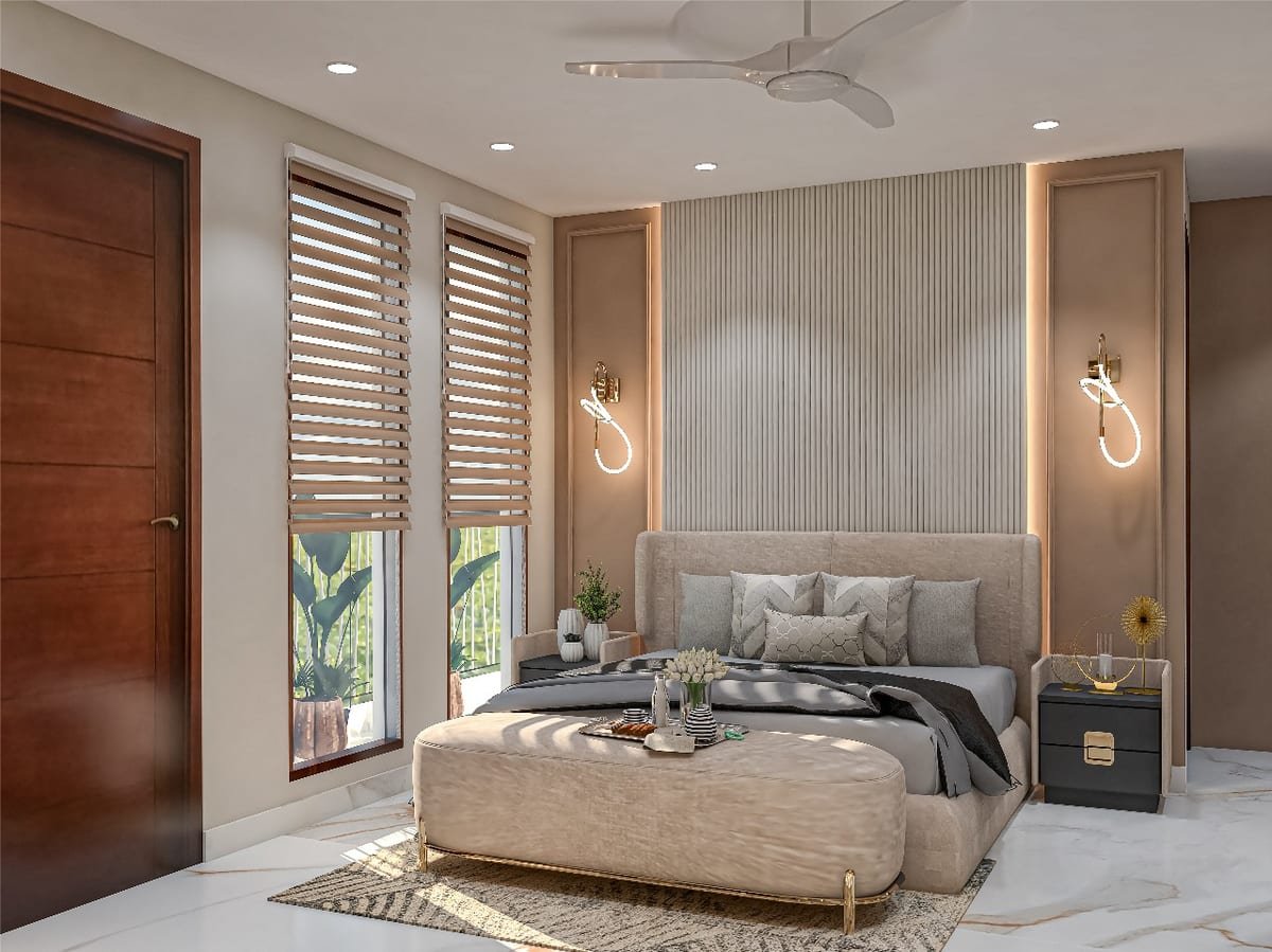 Tidy bedroom with neutral bedding and a bare mattress corner